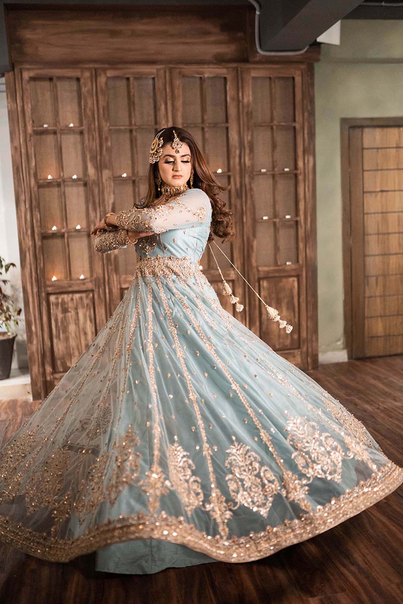 Pakistani Powder Blue Embellished Net Maxi Dress (3-Piece) - Image 3