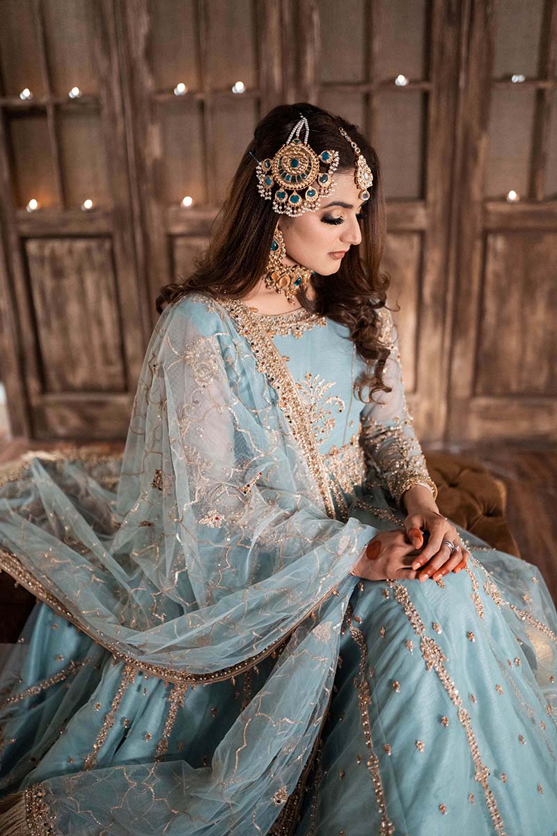 Pakistani Powder Blue Embellished Net Maxi Dress (3-Piece) - Image 5