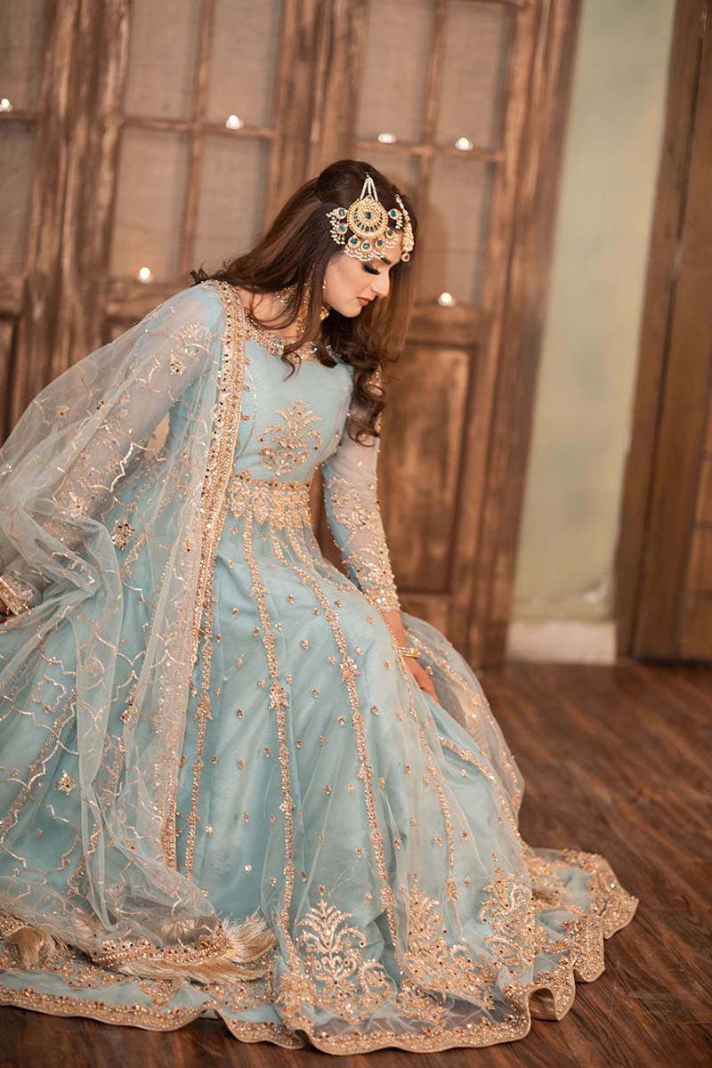 Pakistani Powder Blue Embellished Net Maxi Dress (3-Piece) - Image 6