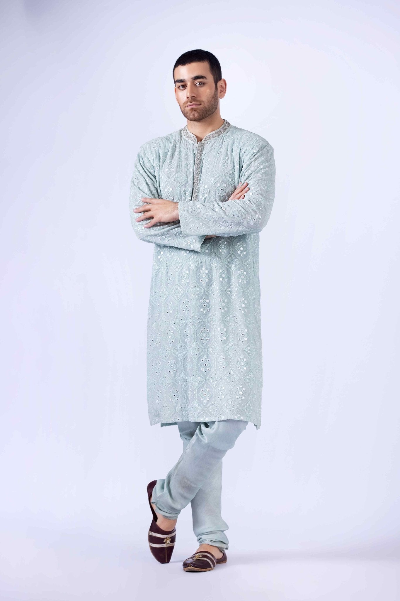 Aqua Zardozi Embroidered Chiffon Kurta (3-Piece) - Image 2