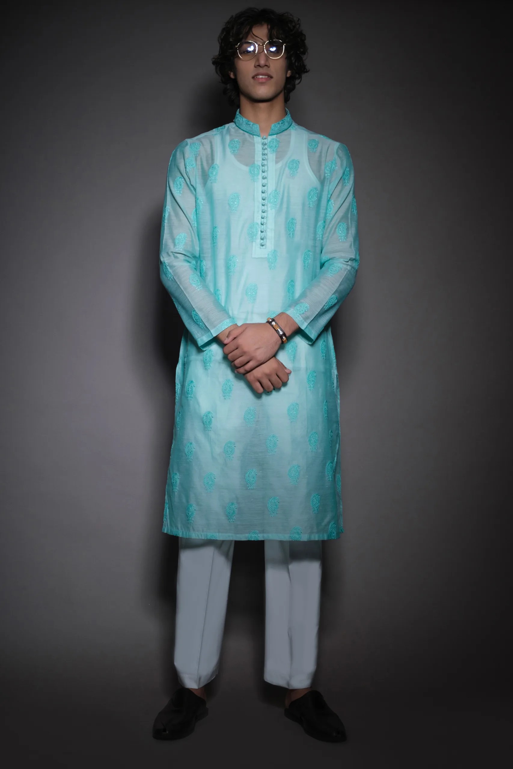 Sky Blue Embroidered Woven Kurta (3-Piece) - Image 1