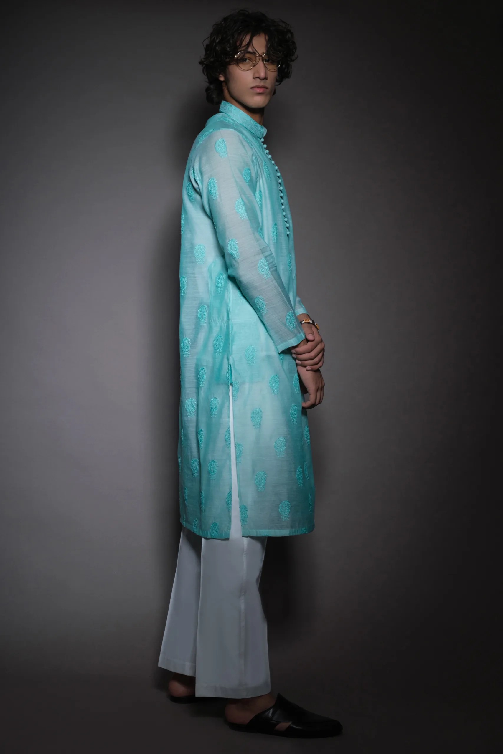 Sky Blue Embroidered Woven Kurta (3-Piece) - Image 2