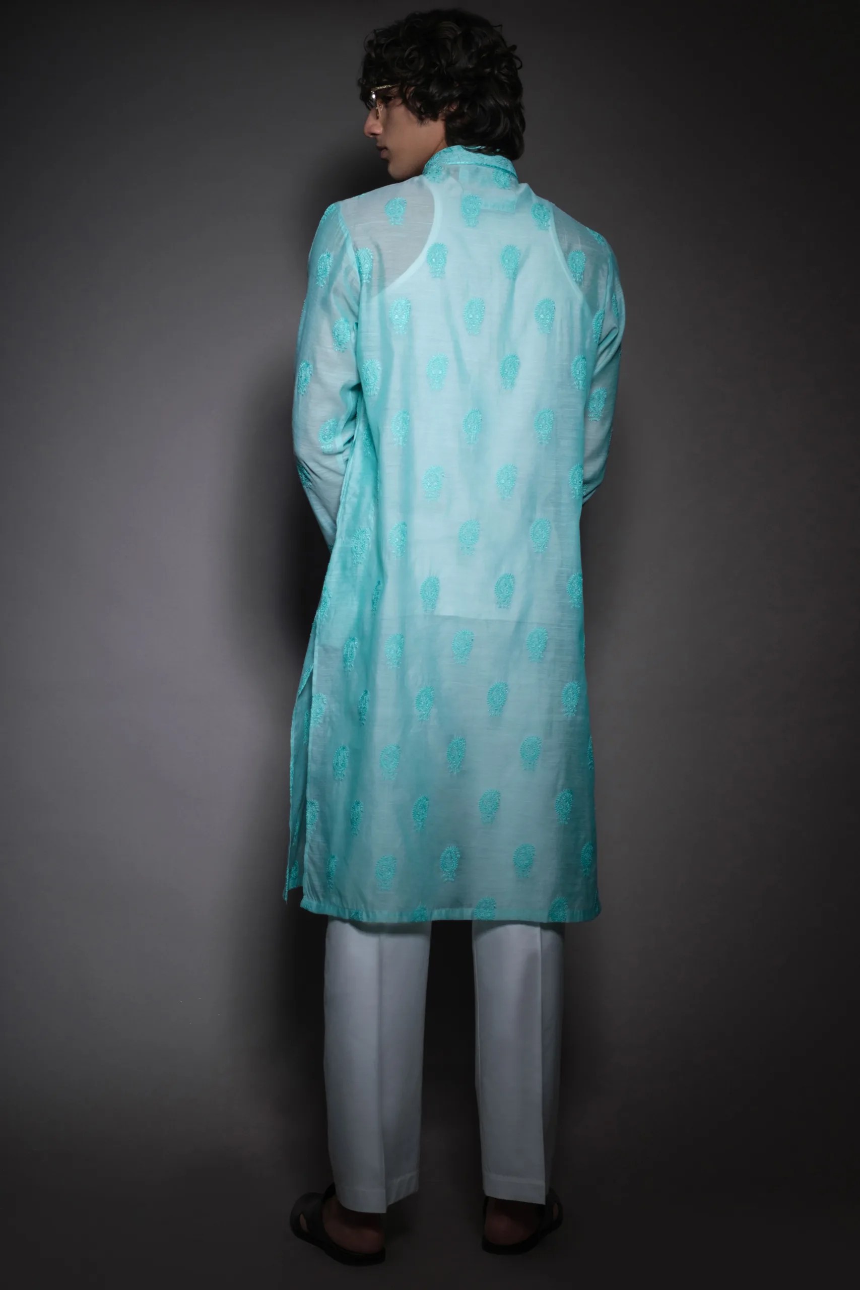 Sky Blue Embroidered Woven Kurta (3-Piece) - Image 3