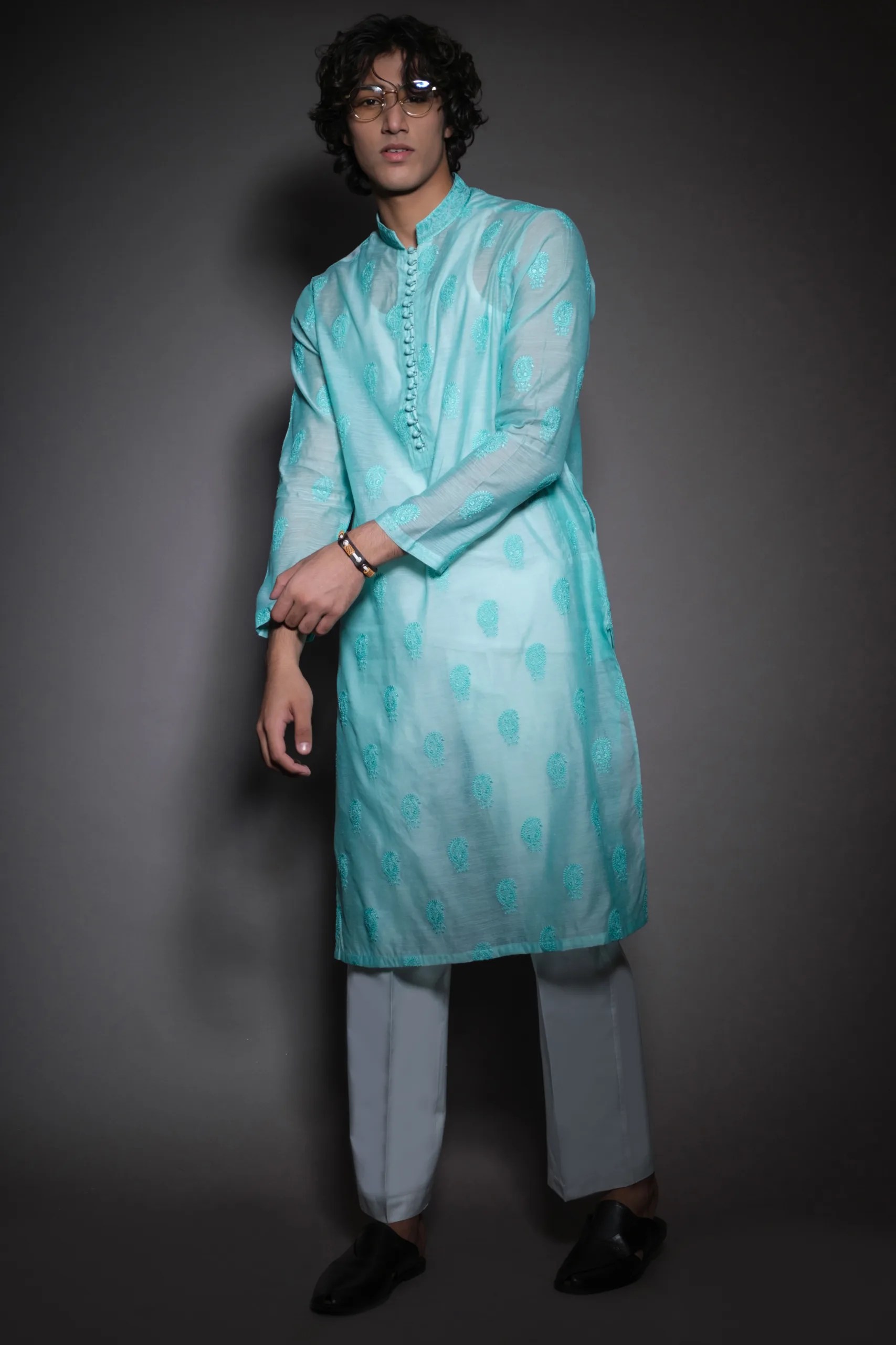 Sky Blue Embroidered Woven Kurta (3-Piece) - Image 4