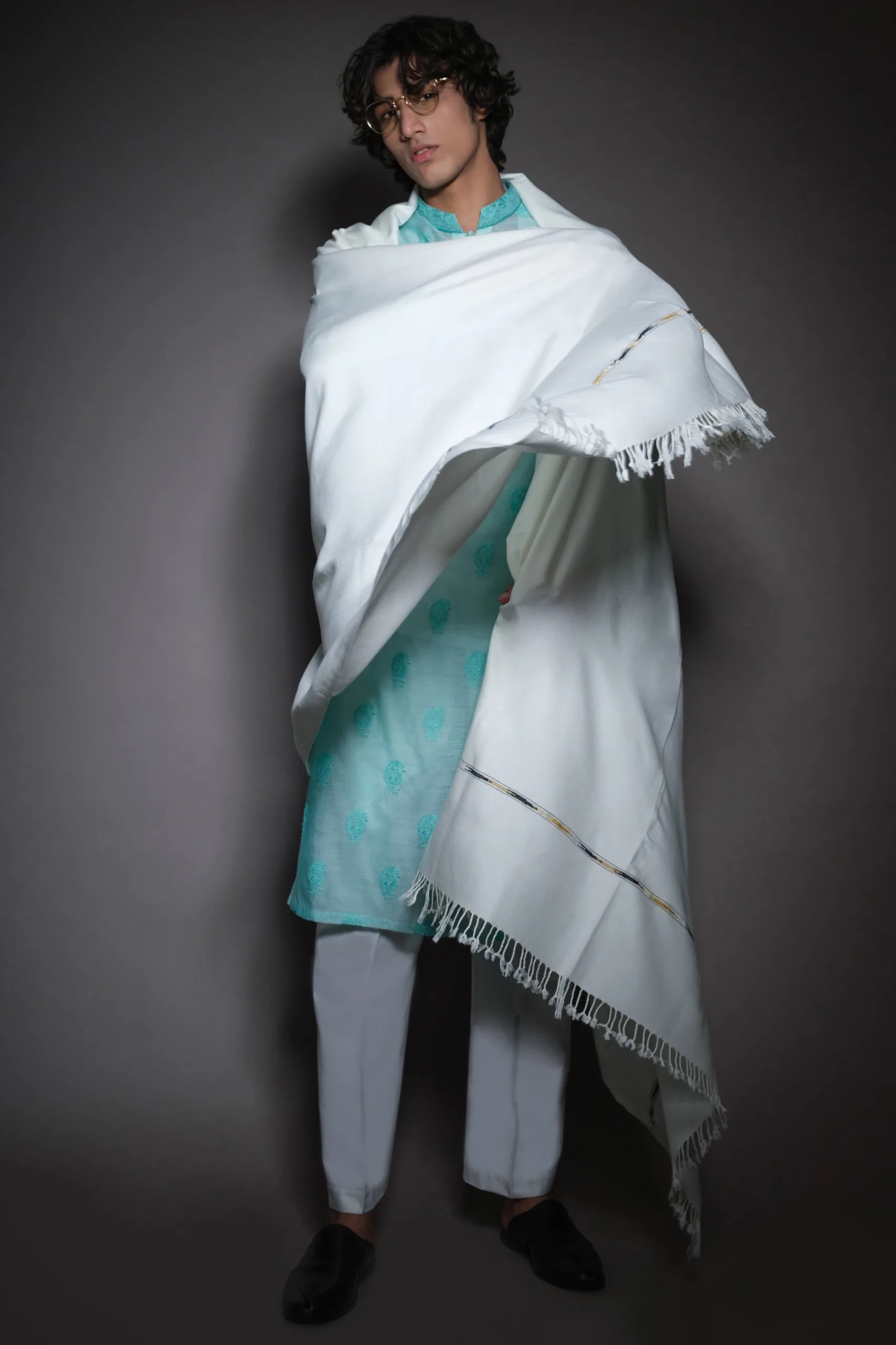 Sky Blue Embroidered Woven Kurta (3-Piece) - Image 5