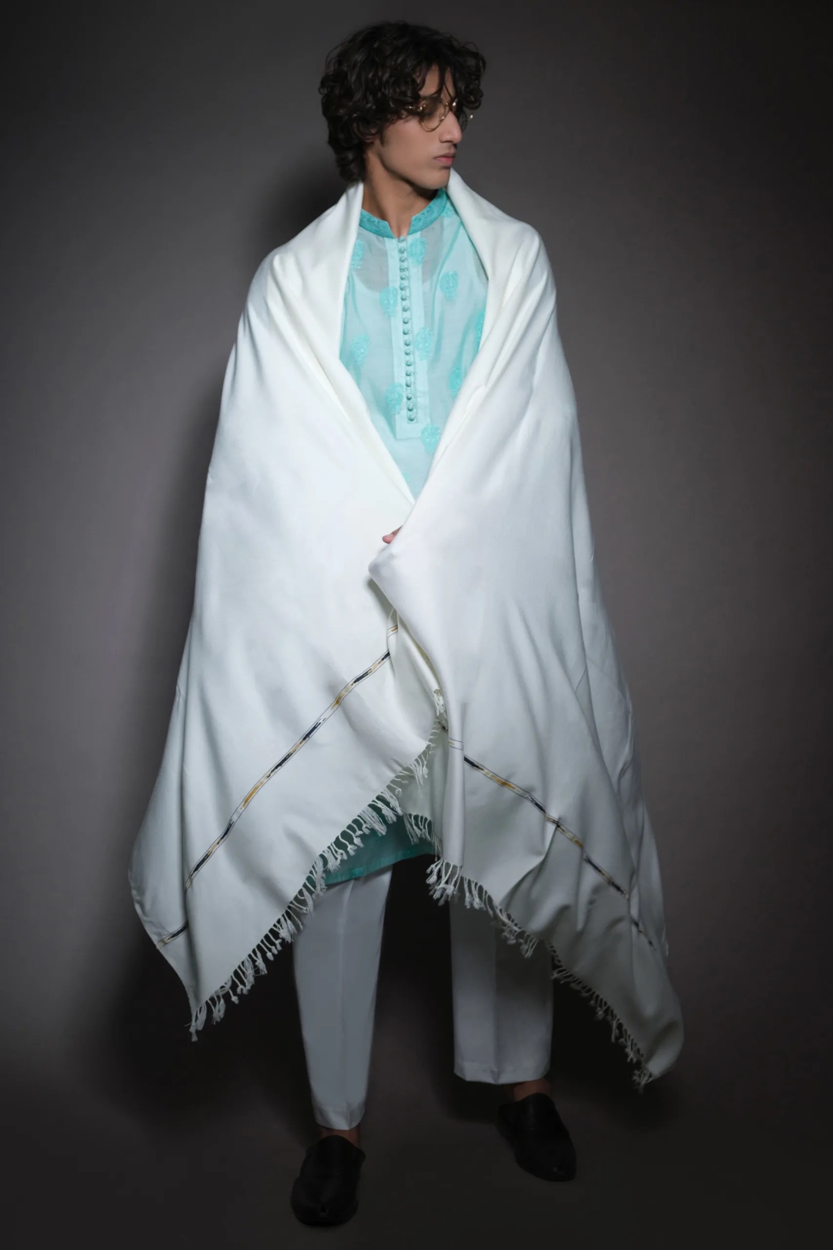 Sky Blue Embroidered Woven Kurta (3-Piece) - Image 6