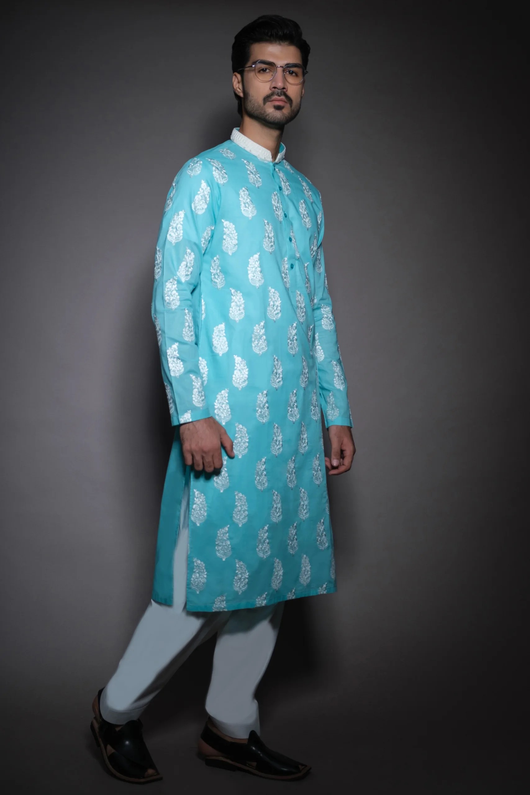 Arctic Blue Embroidered Cotton Kurta (2-Piece) - Image 1