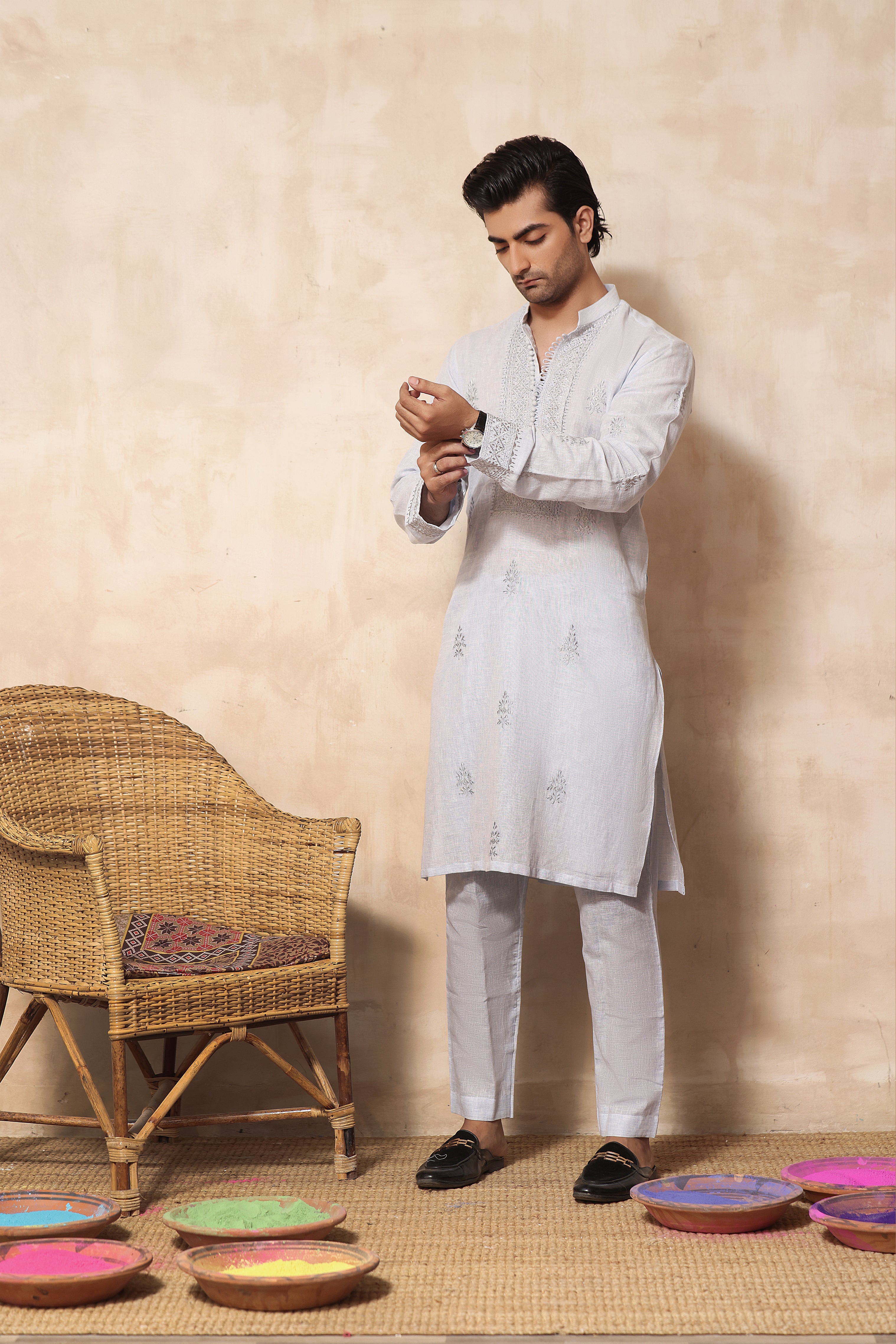 Sky Blue Embroidered Cotton Irish Kurta (2-Piece) - Image 1