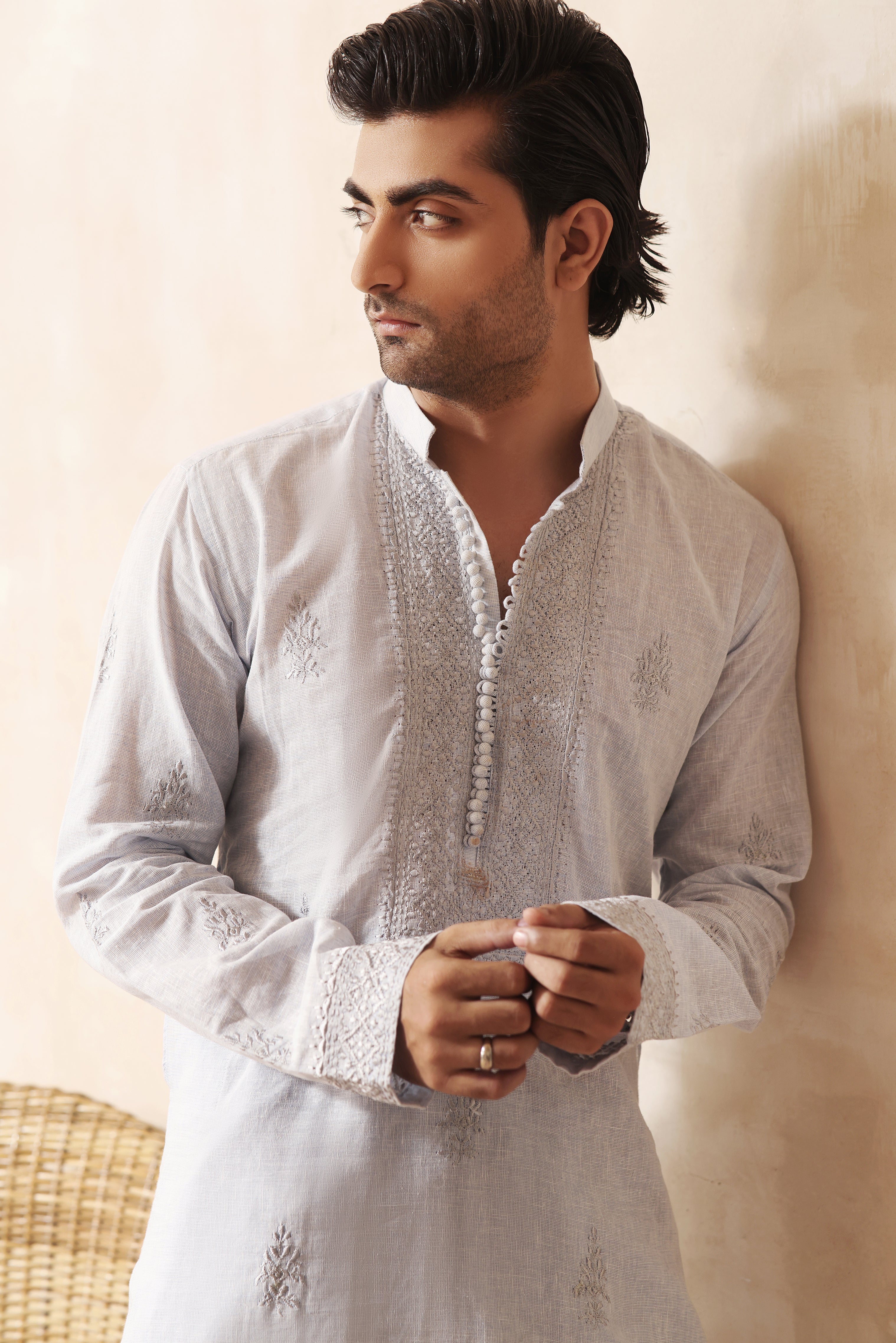 Sky Blue Embroidered Cotton Irish Kurta (2-Piece) - Image 3