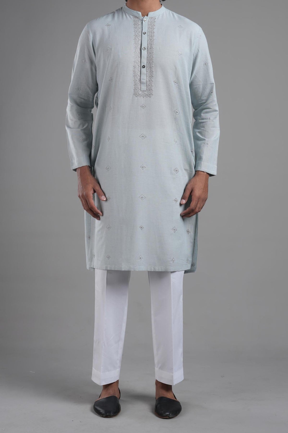 Sky Blue Embroidered Cotton Kurta (2-Piece) - Image 1