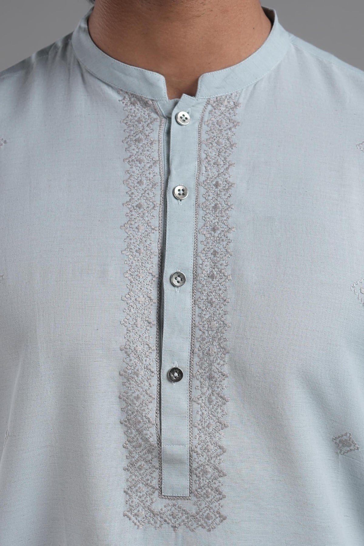 Sky Blue Embroidered Cotton Kurta (2-Piece) - Image 2