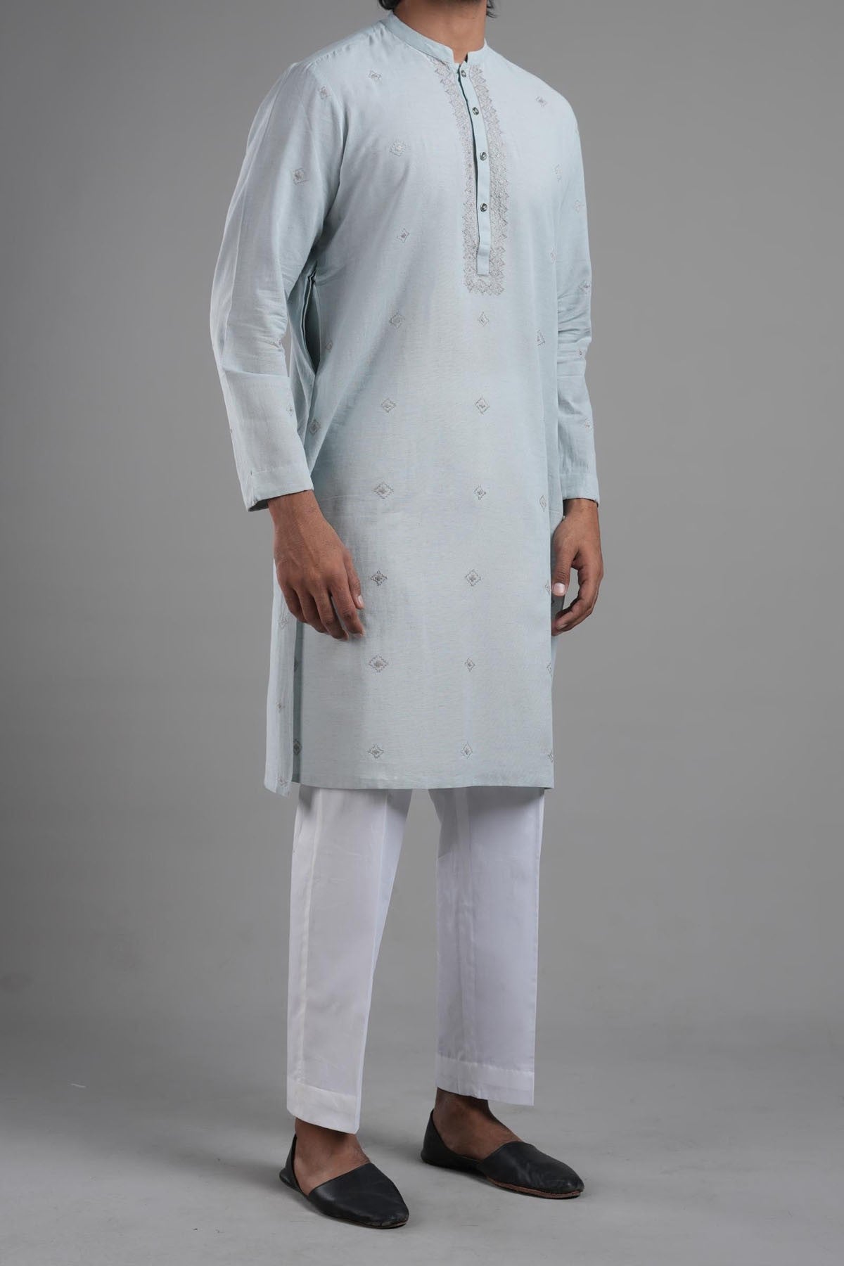 Sky Blue Embroidered Cotton Kurta (2-Piece) - Image 3