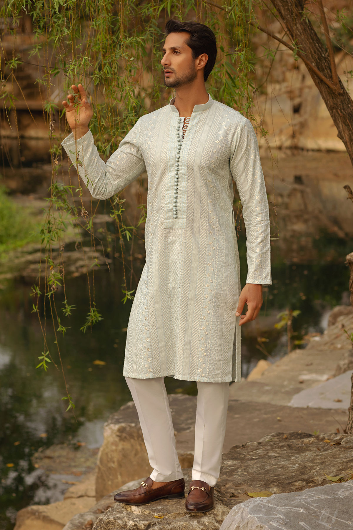 Ice Blue Embroidered Cotton Net Kurta Set (2-Piece) - Image 1