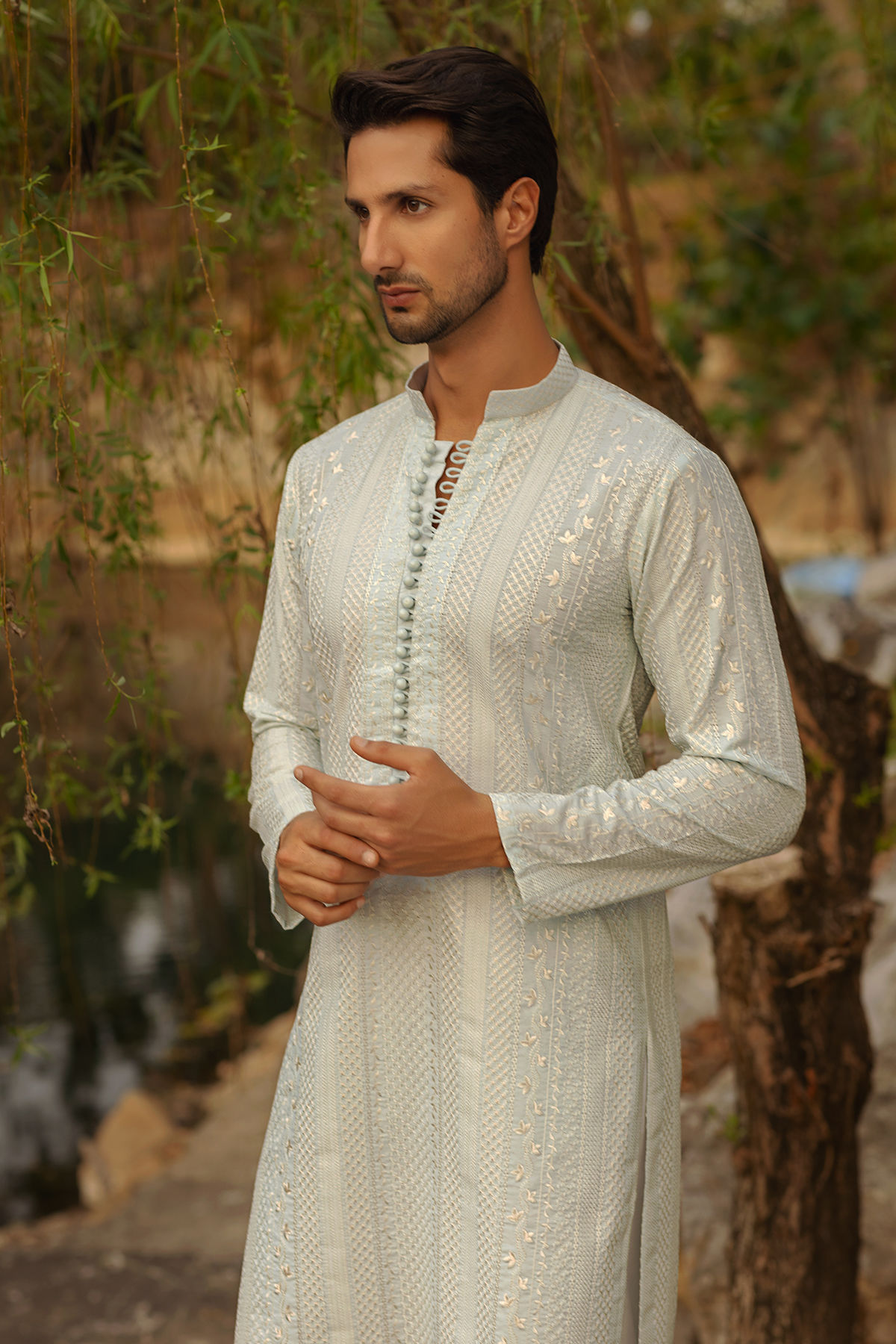 Ice Blue Embroidered Cotton Net Kurta Set (2-Piece) - Image 2
