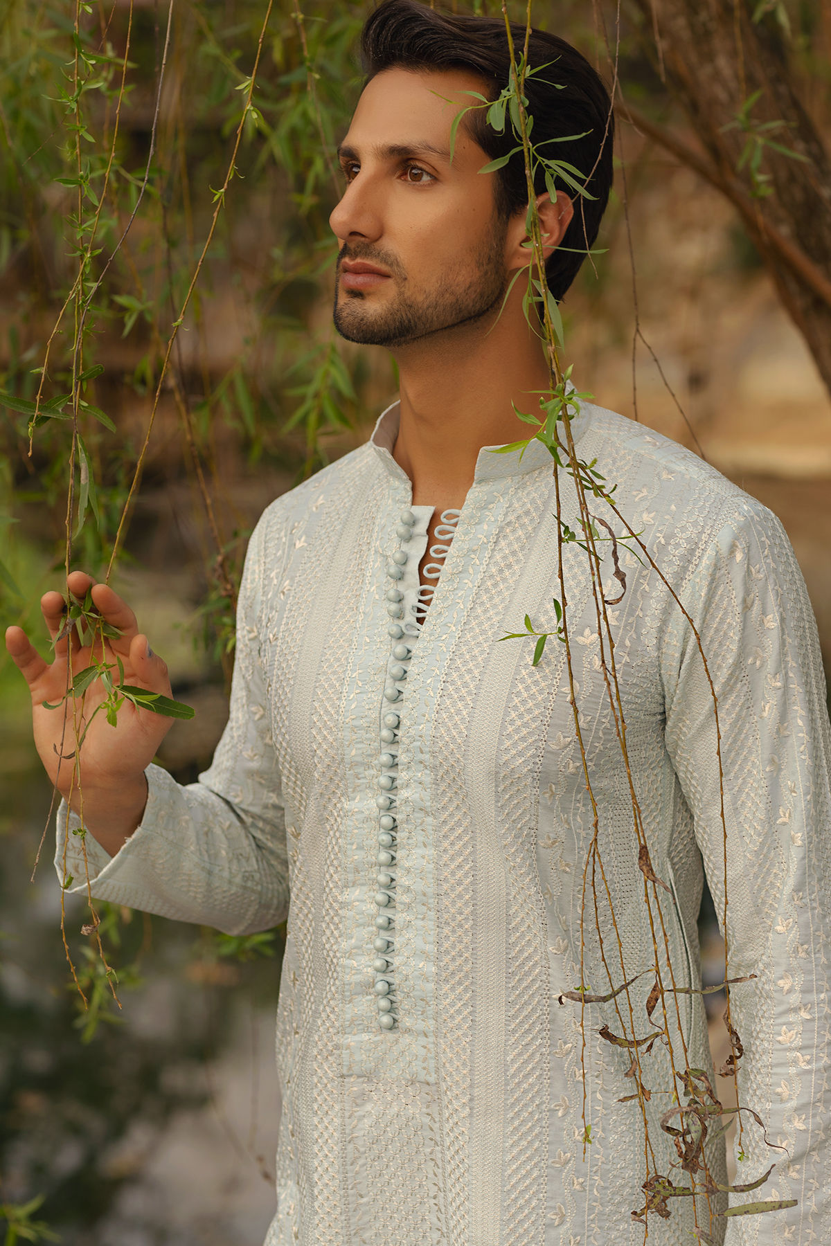 Ice Blue Embroidered Cotton Net Kurta Set (2-Piece) - Image 3