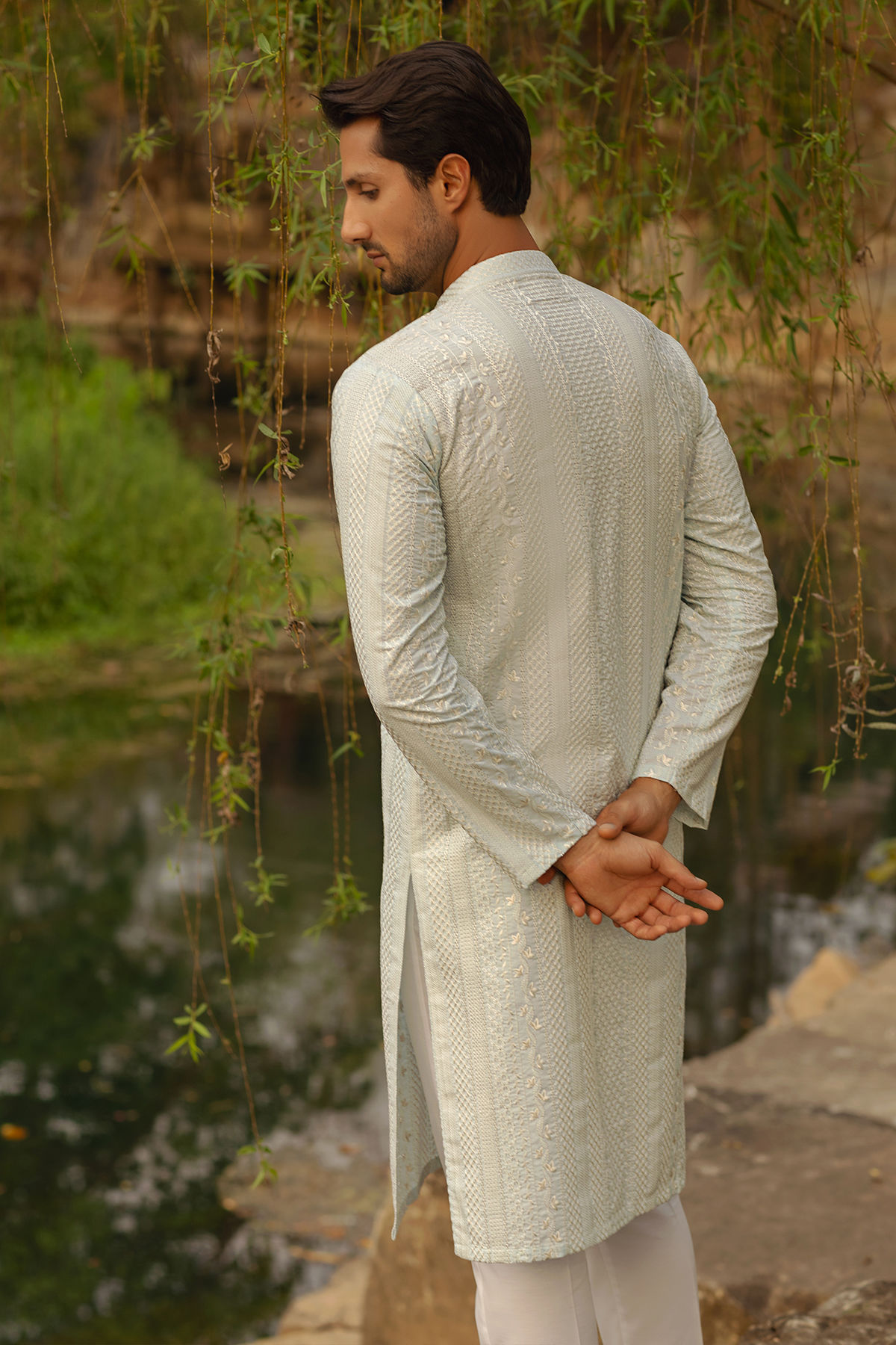 Ice Blue Embroidered Cotton Net Kurta Set (2-Piece) - Image 4