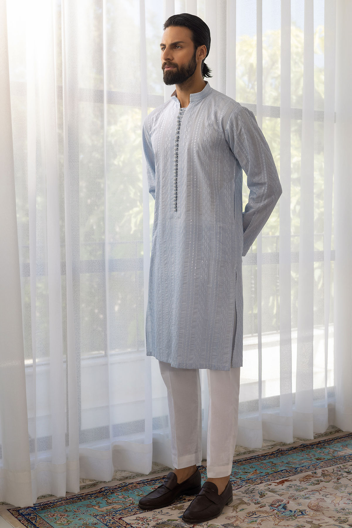Pale Blue Embroidered Cotton Net Kurta (2-Piece) - Image 1
