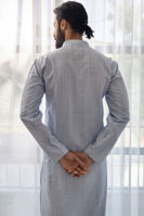 Pale Blue Embroidered Cotton Net Kurta (2-Piece) - Image 5