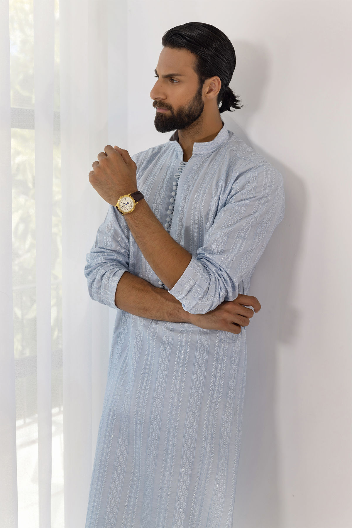 Pale Blue Embroidered Cotton Net Kurta (2-Piece) - Image 6
