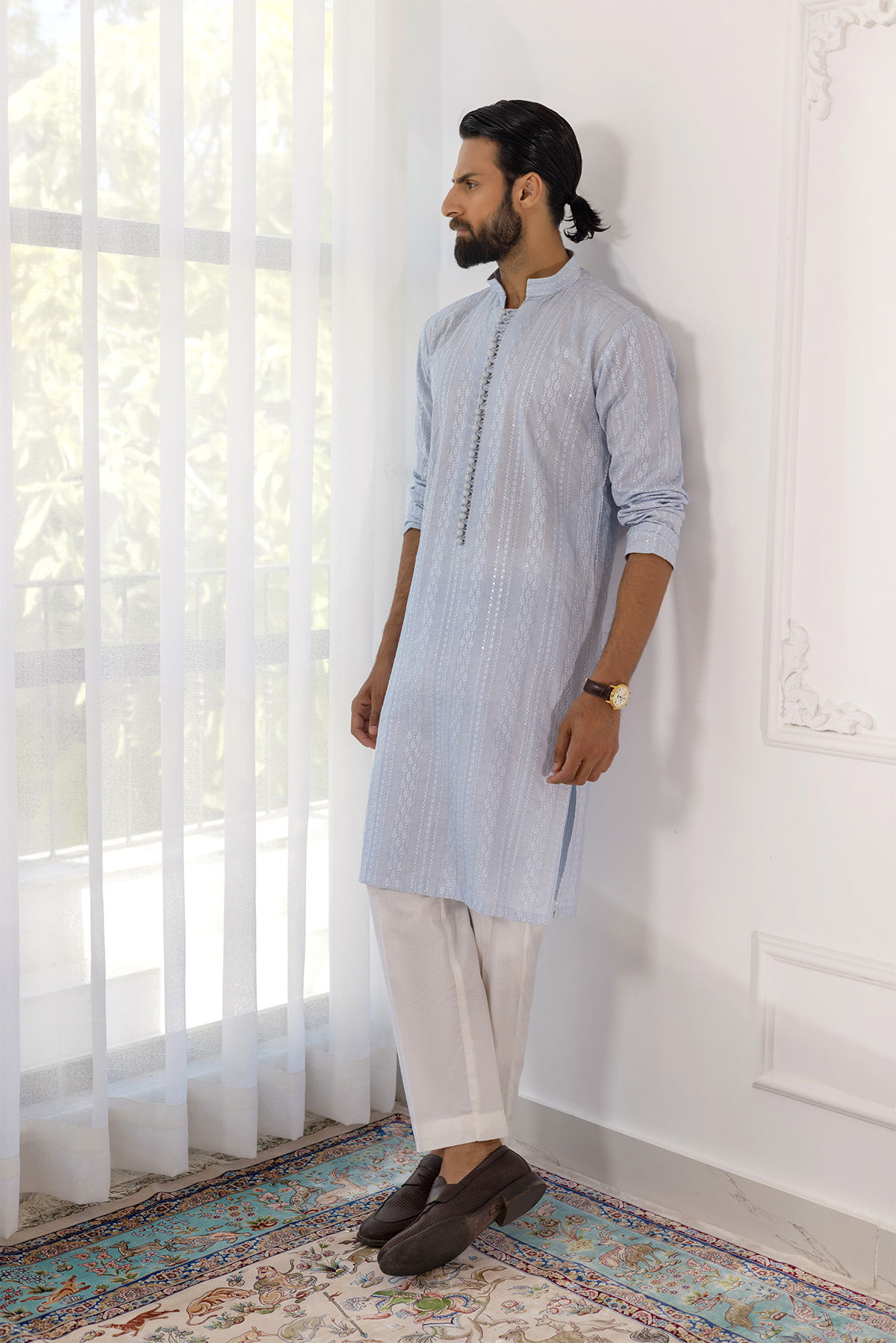 Pale Blue Embroidered Cotton Net Kurta (2-Piece) - Image 7