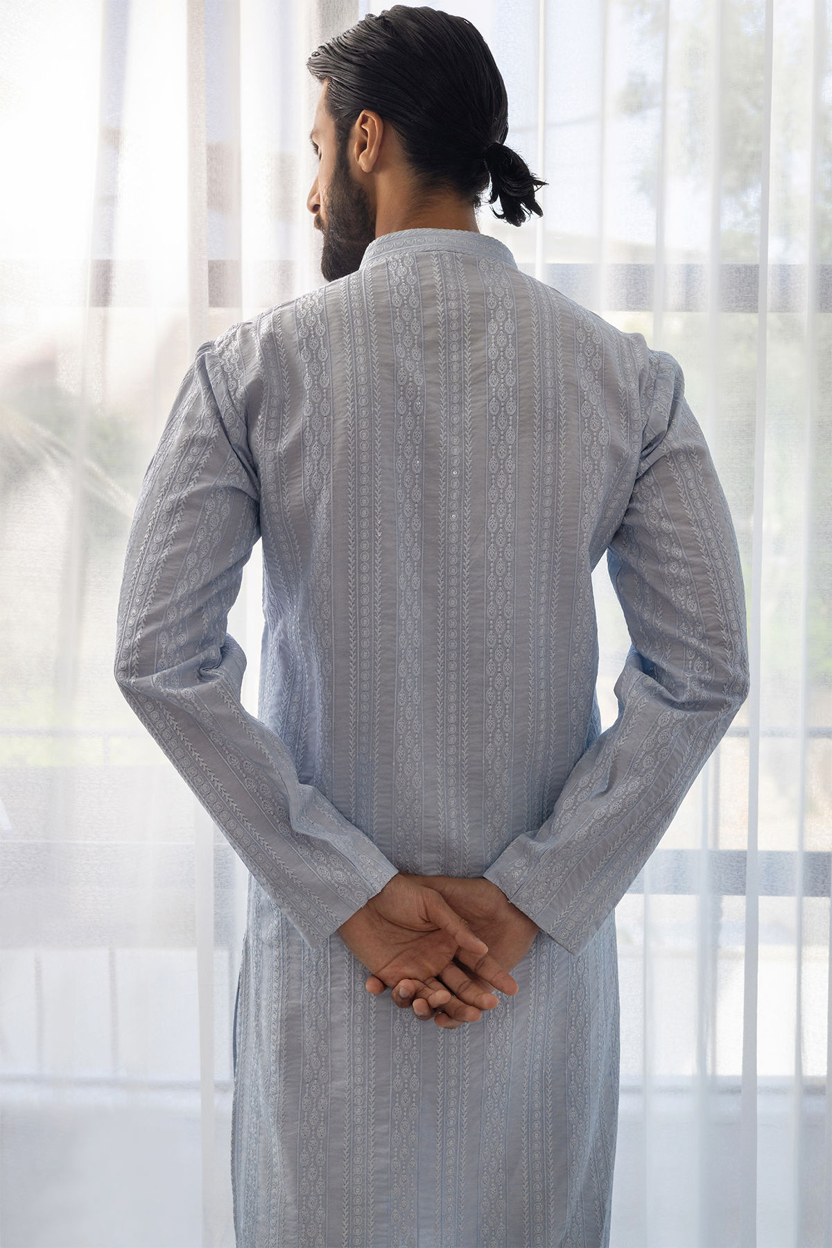 Pale Blue Embroidered Cotton Net Kurta (2-Piece) - Image 8