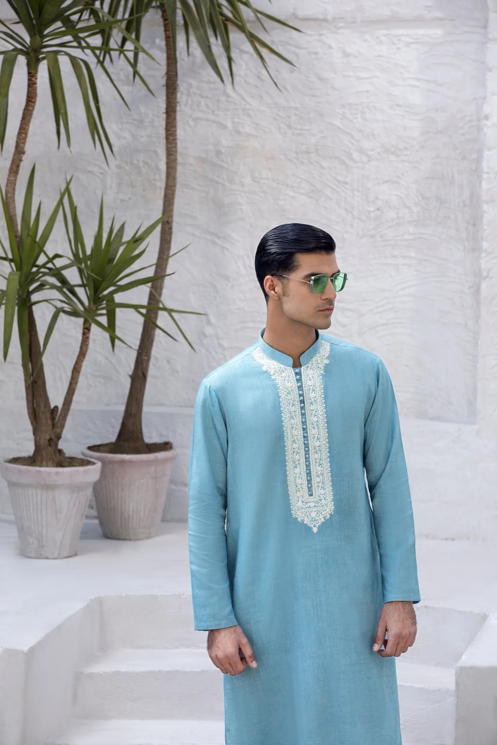 Sky Blue Embroidered Cotton Kurta (2-Piece) - Image 1