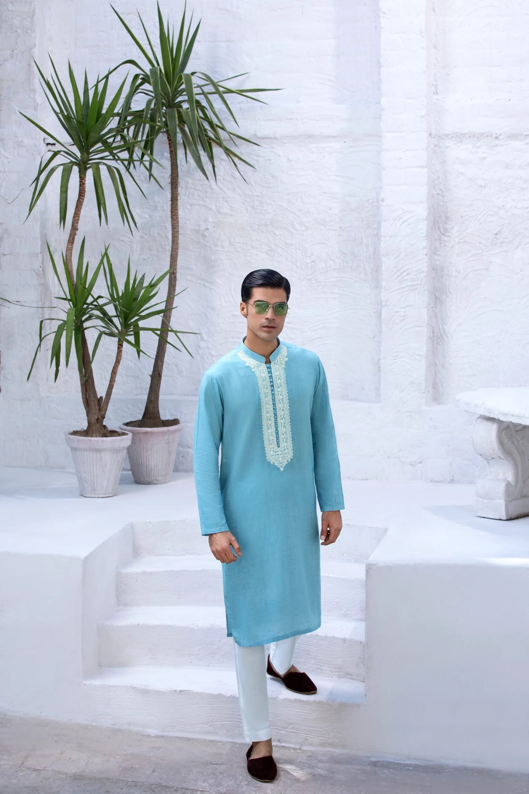 Sky Blue Embroidered Cotton Kurta (2-Piece) - Image 2