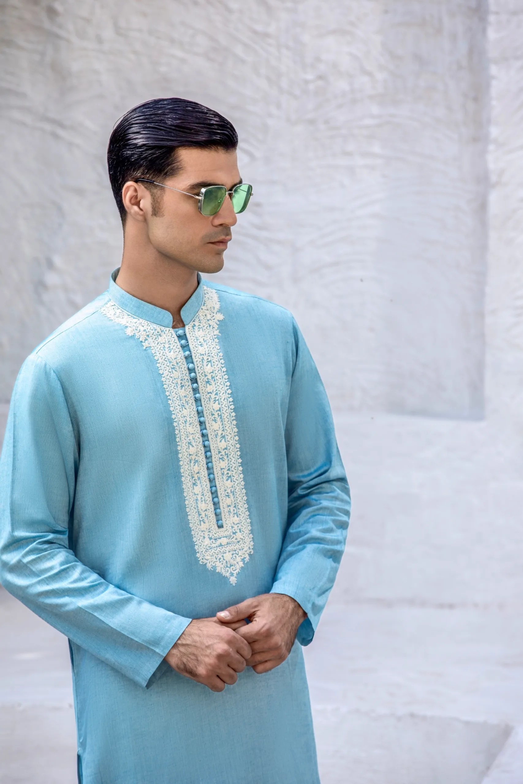 Sky Blue Embroidered Cotton Kurta (2-Piece) - Image 3