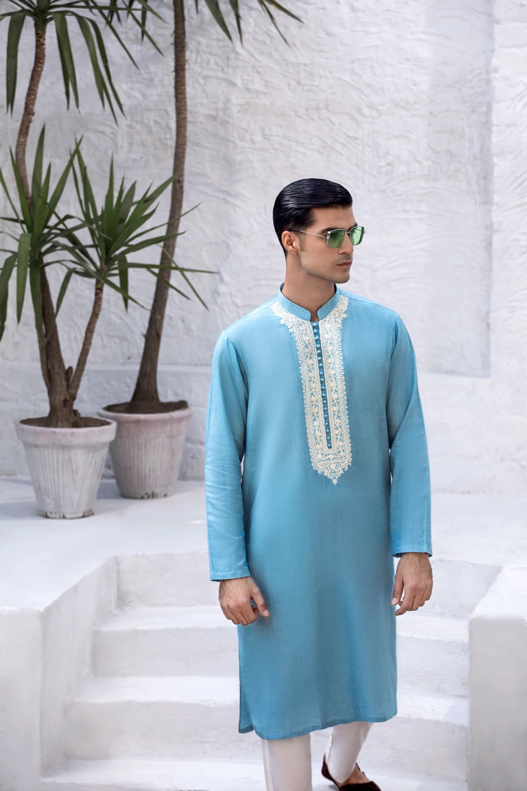 Sky Blue Embroidered Cotton Kurta (2-Piece) - Image 4
