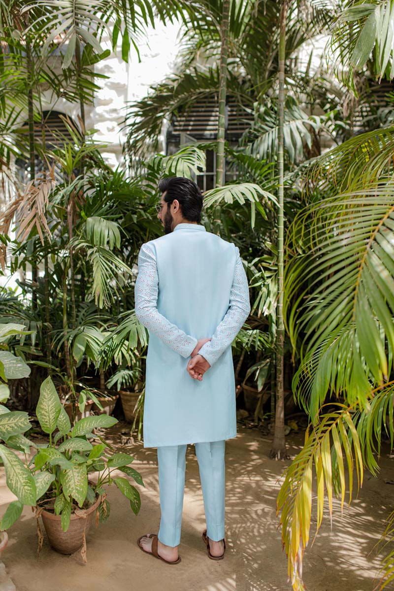 Ice Blue Cutwork Embroidered Cotton-Silk Kurta (2-Piece) - Image 2