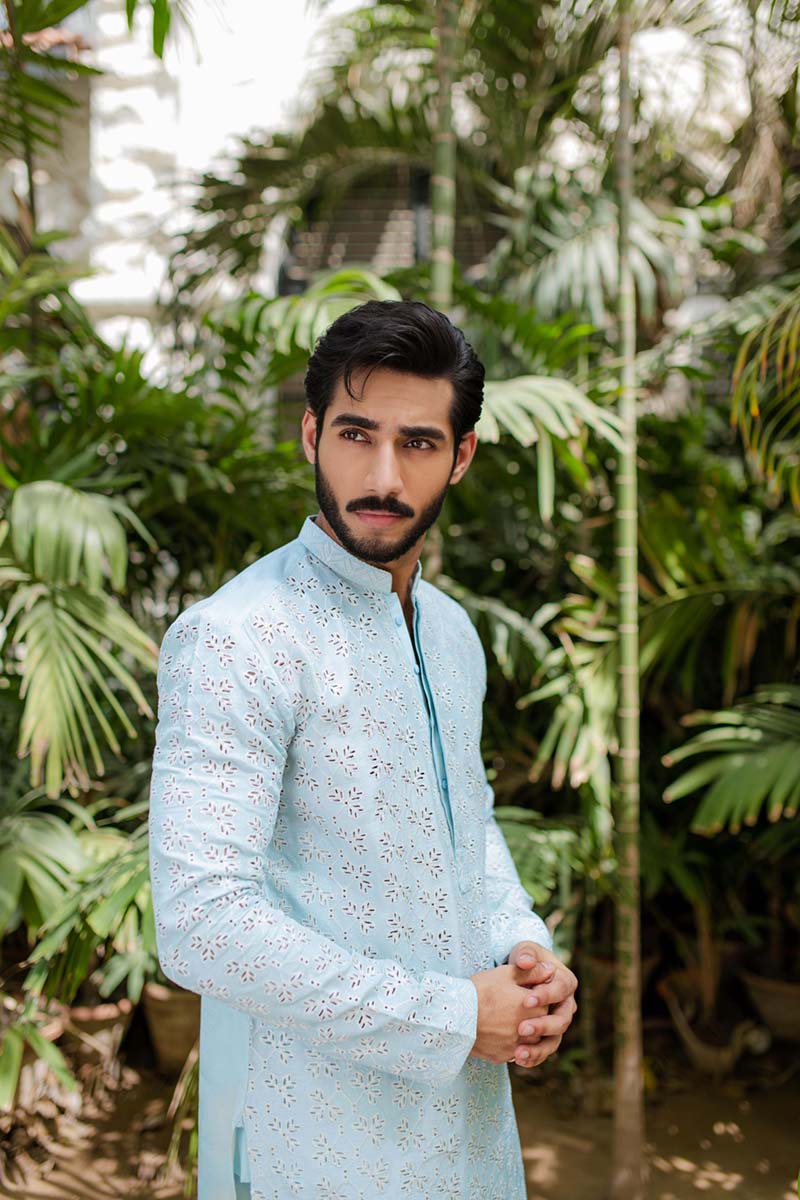 Ice Blue Cutwork Embroidered Cotton-Silk Kurta (2-Piece) - Image 4