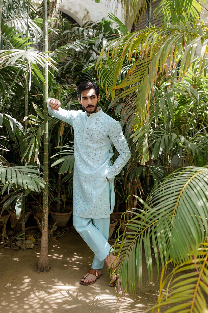 Ice Blue Cutwork Embroidered Cotton-Silk Kurta (2-Piece) - Image 7