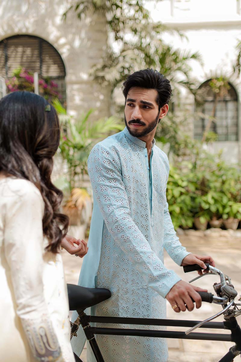 Ice Blue Cutwork Embroidered Cotton-Silk Kurta (2-Piece) - Image 8