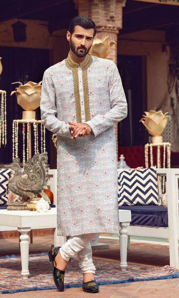 Pastel Printed Cotton-Silk Kurta with Gold Detailing (2-Piece) - Image 2