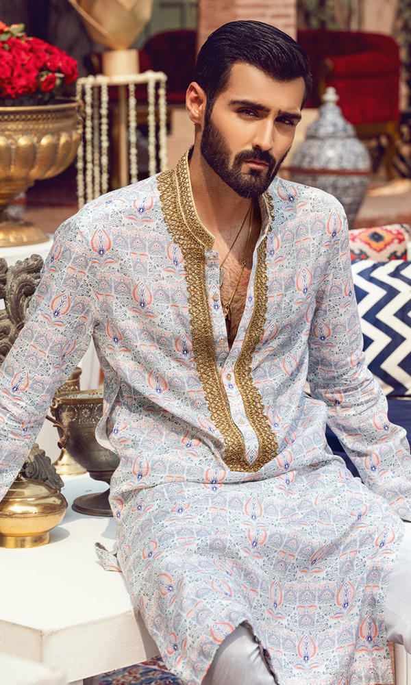 Pastel Printed Cotton-Silk Kurta with Gold Detailing (2-Piece) - Image 3