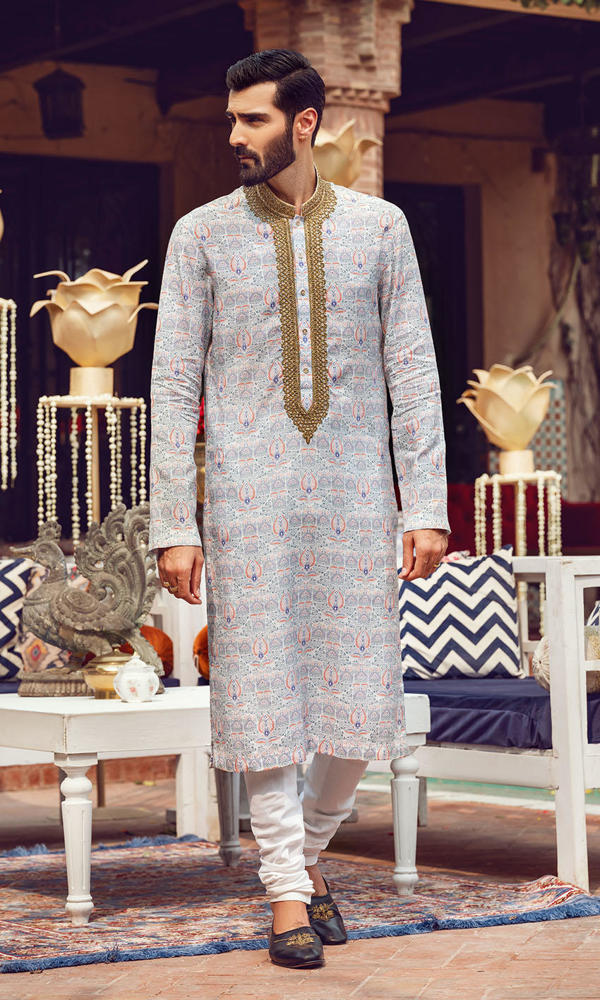 Pastel Printed Cotton-Silk Kurta with Gold Detailing (2-Piece) - Image 4