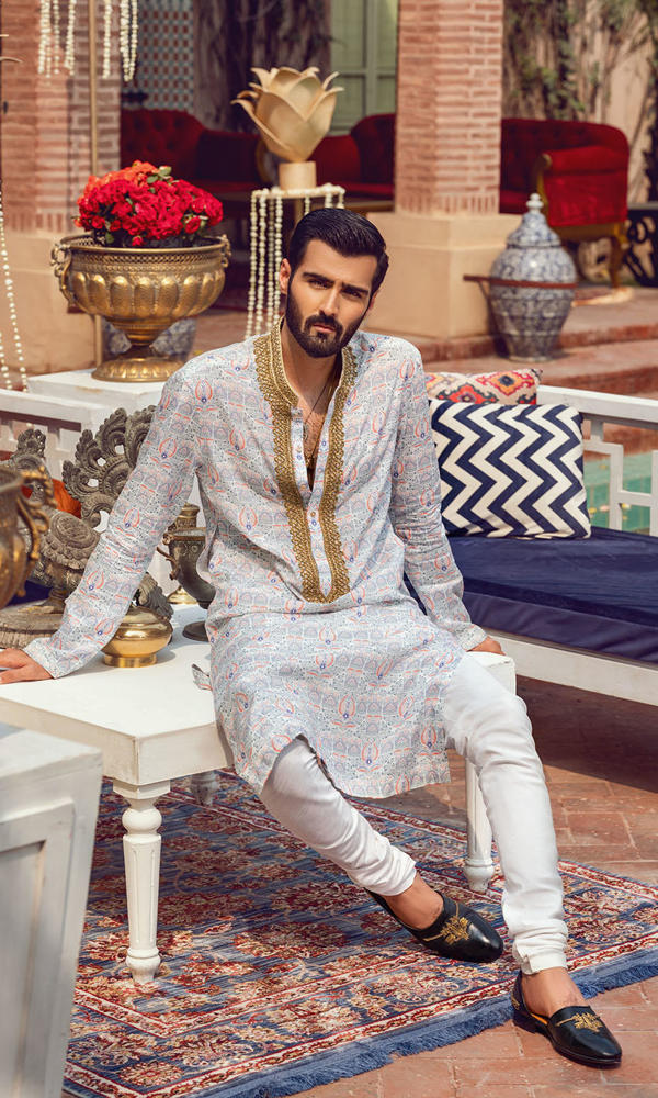 Pastel Printed Cotton-Silk Kurta with Gold Detailing (2-Piece) - Image 5