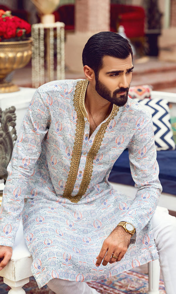 Pastel Printed Cotton-Silk Kurta with Gold Detailing (2-Piece) - Image 6