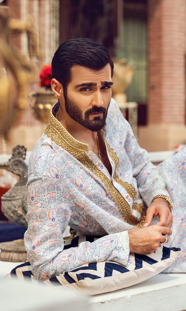 Pastel Printed Cotton-Silk Kurta with Gold Detailing (2-Piece) - Image 8