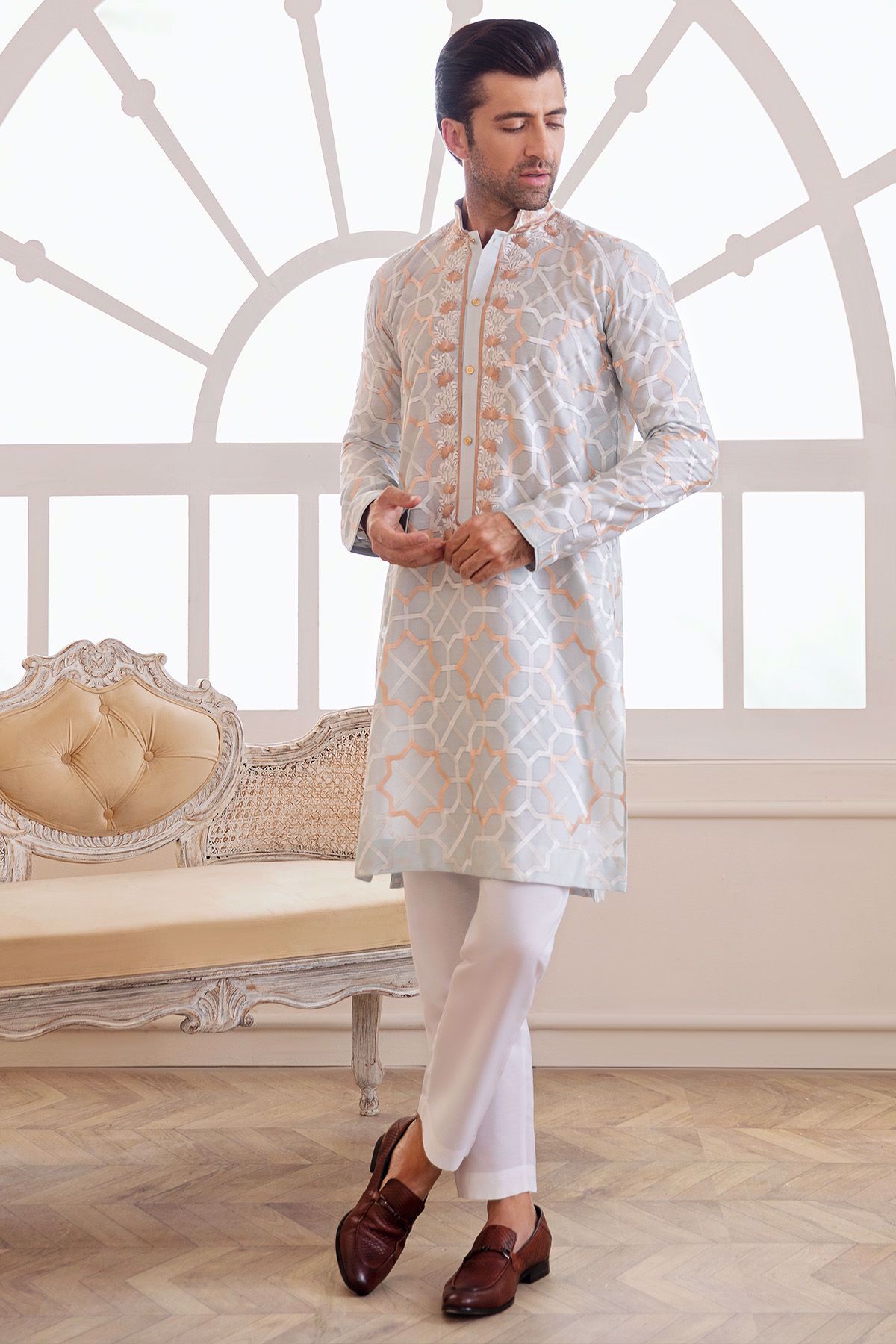 Soft Blue Geometric Embroidered Cotton Kurta (2-Piece) - Image 1