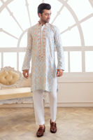 Soft Blue Geometric Embroidered Cotton Kurta (2-Piece) - Image 3