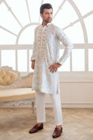 Soft Blue Geometric Embroidered Cotton Kurta (2-Piece) - Image 5