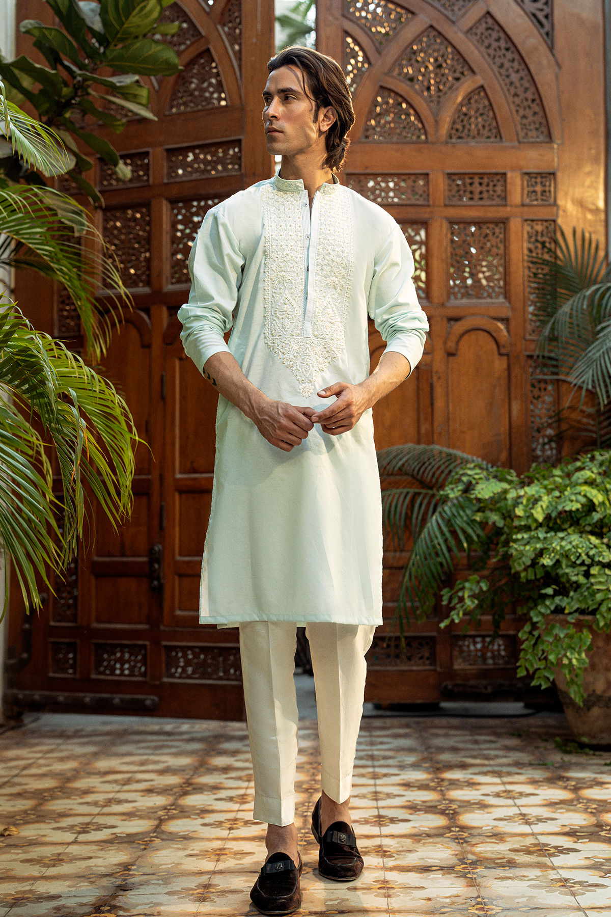 Ice Blue Embroidered Cotton Silk Kurta (2-Piece) - Image 1