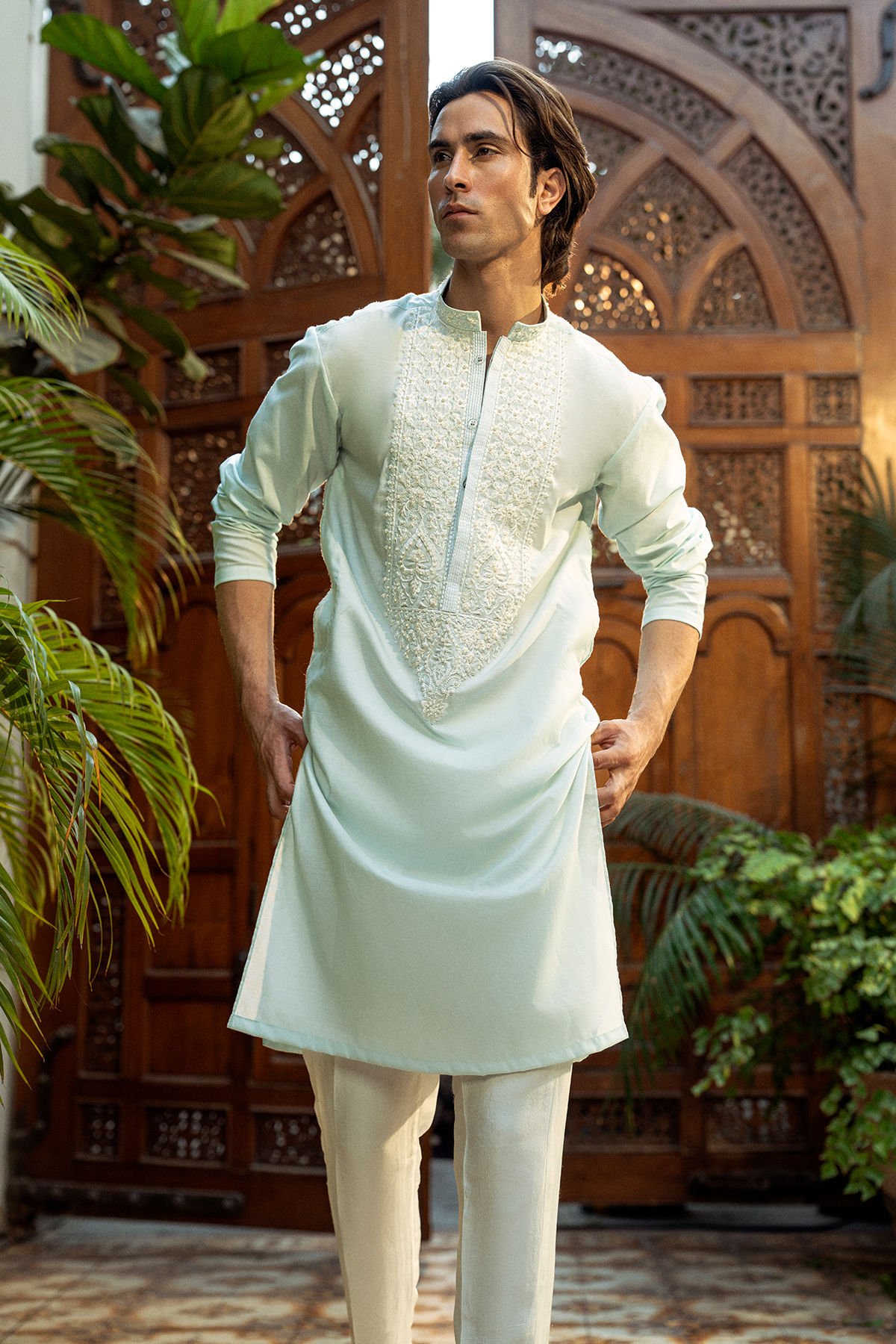 Ice Blue Embroidered Cotton Silk Kurta (2-Piece) - Image 2