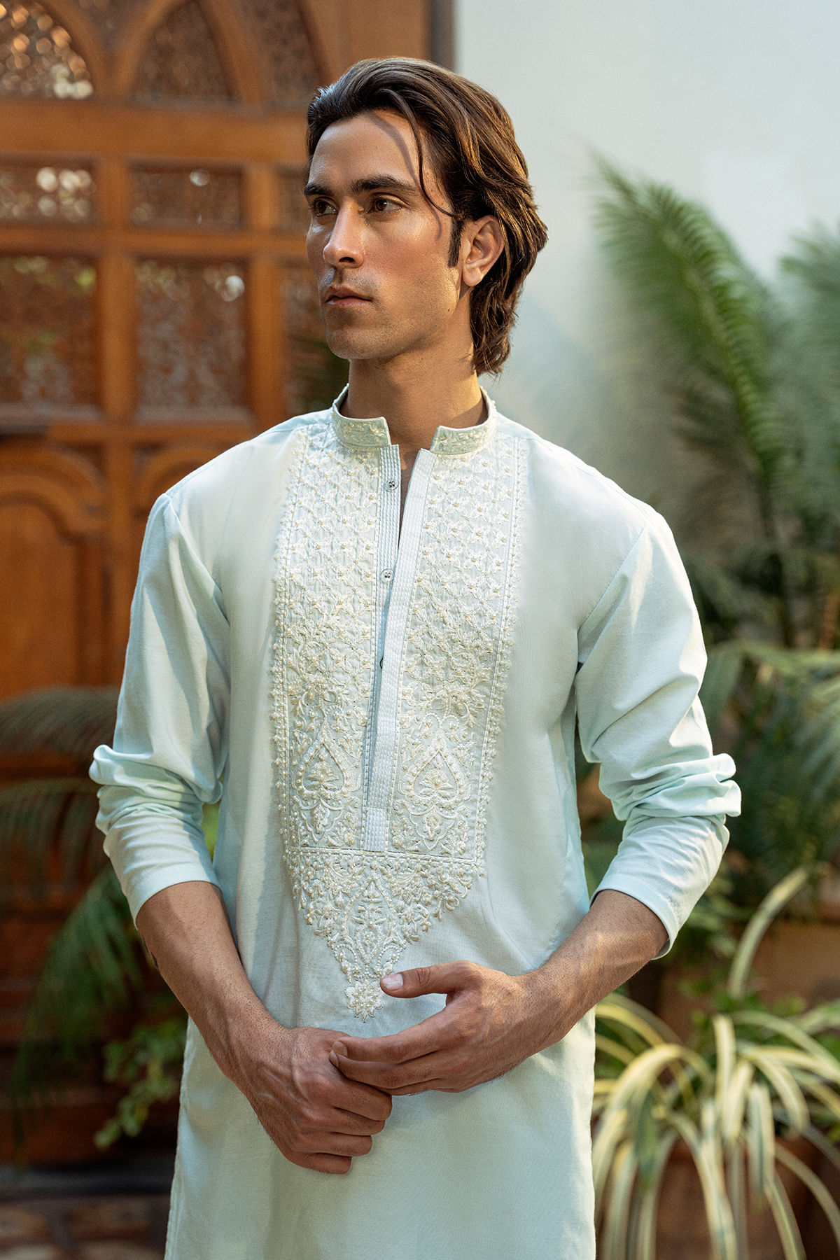 Ice Blue Embroidered Cotton Silk Kurta (2-Piece) - Image 3