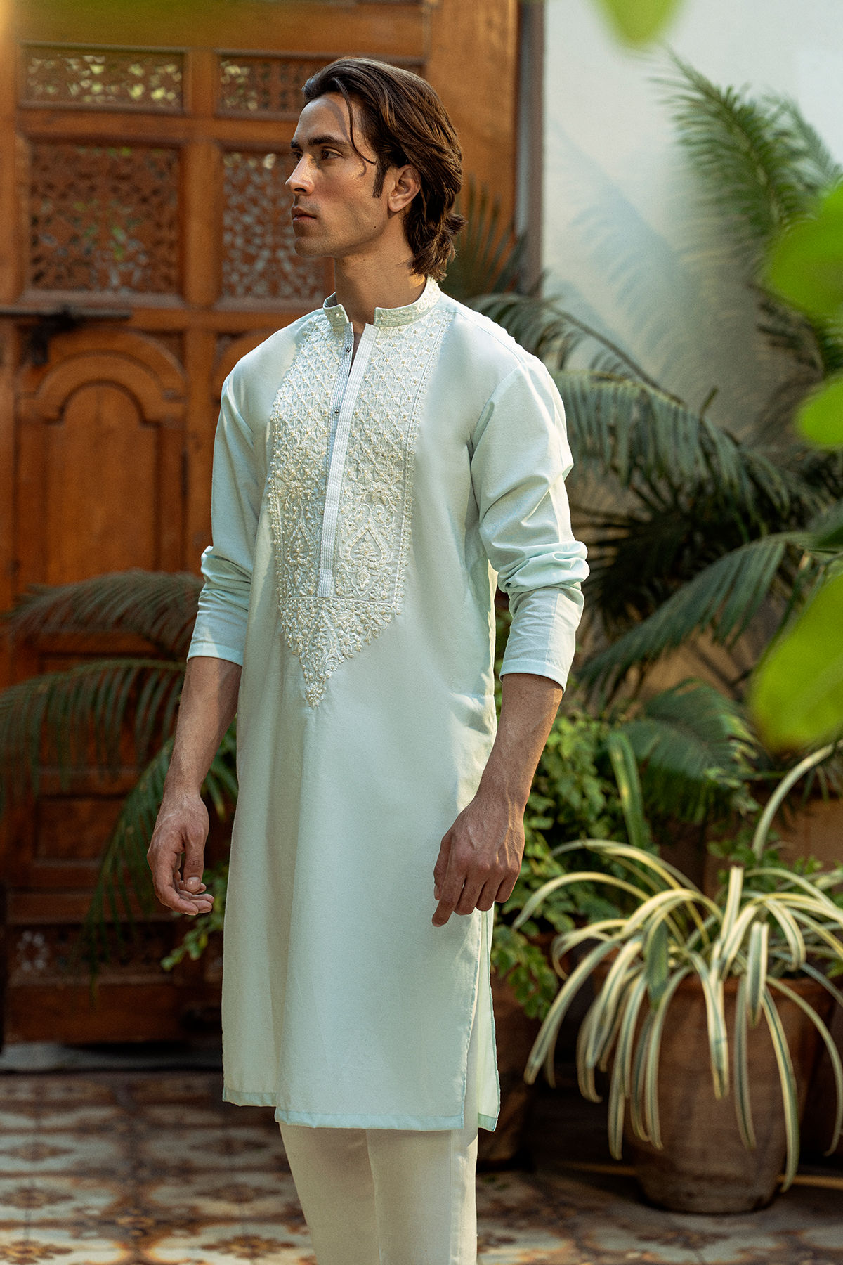 Ice Blue Embroidered Cotton Silk Kurta (2-Piece) - Image 4