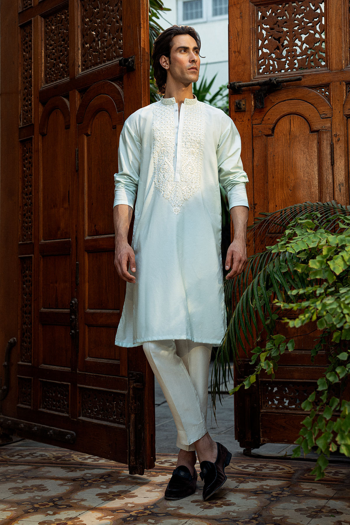 Ice Blue Embroidered Cotton Silk Kurta (2-Piece) - Image 5