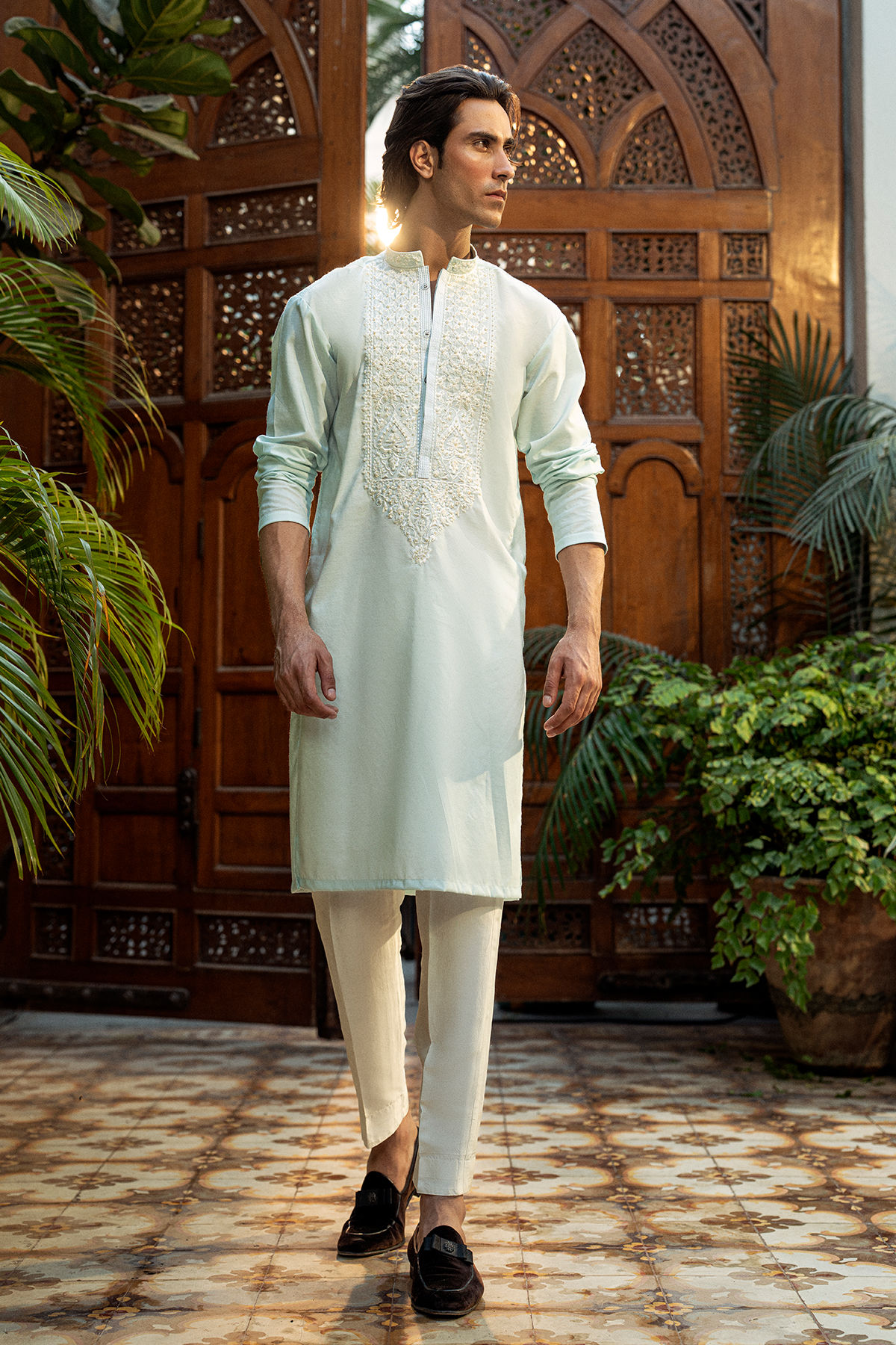 Ice Blue Embroidered Cotton Silk Kurta (2-Piece) - Image 6