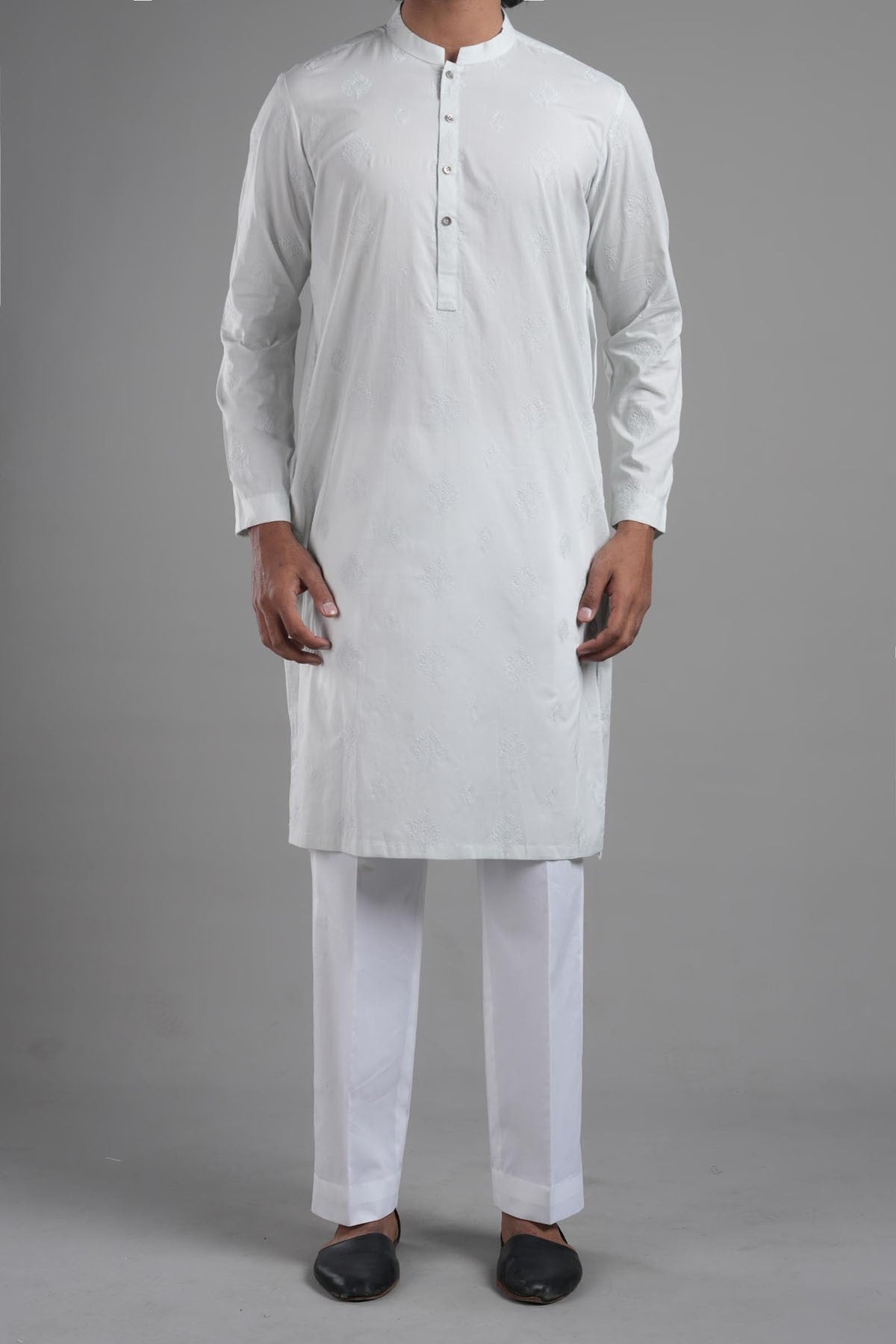 Sky Blue Embroidered Egyptian Cotton Kurta (2-Piece) - Image 1