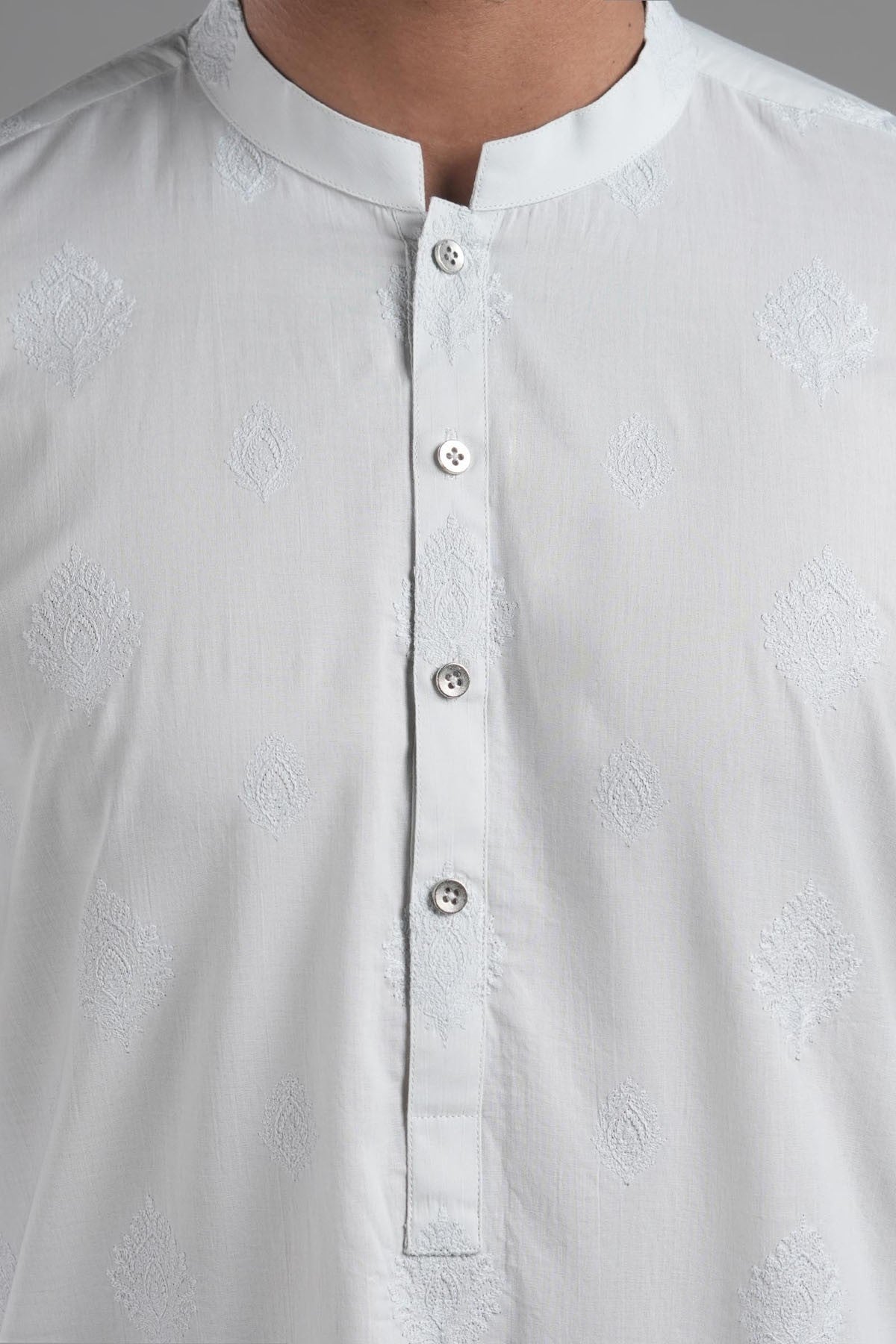 Sky Blue Embroidered Egyptian Cotton Kurta (2-Piece) - Image 2